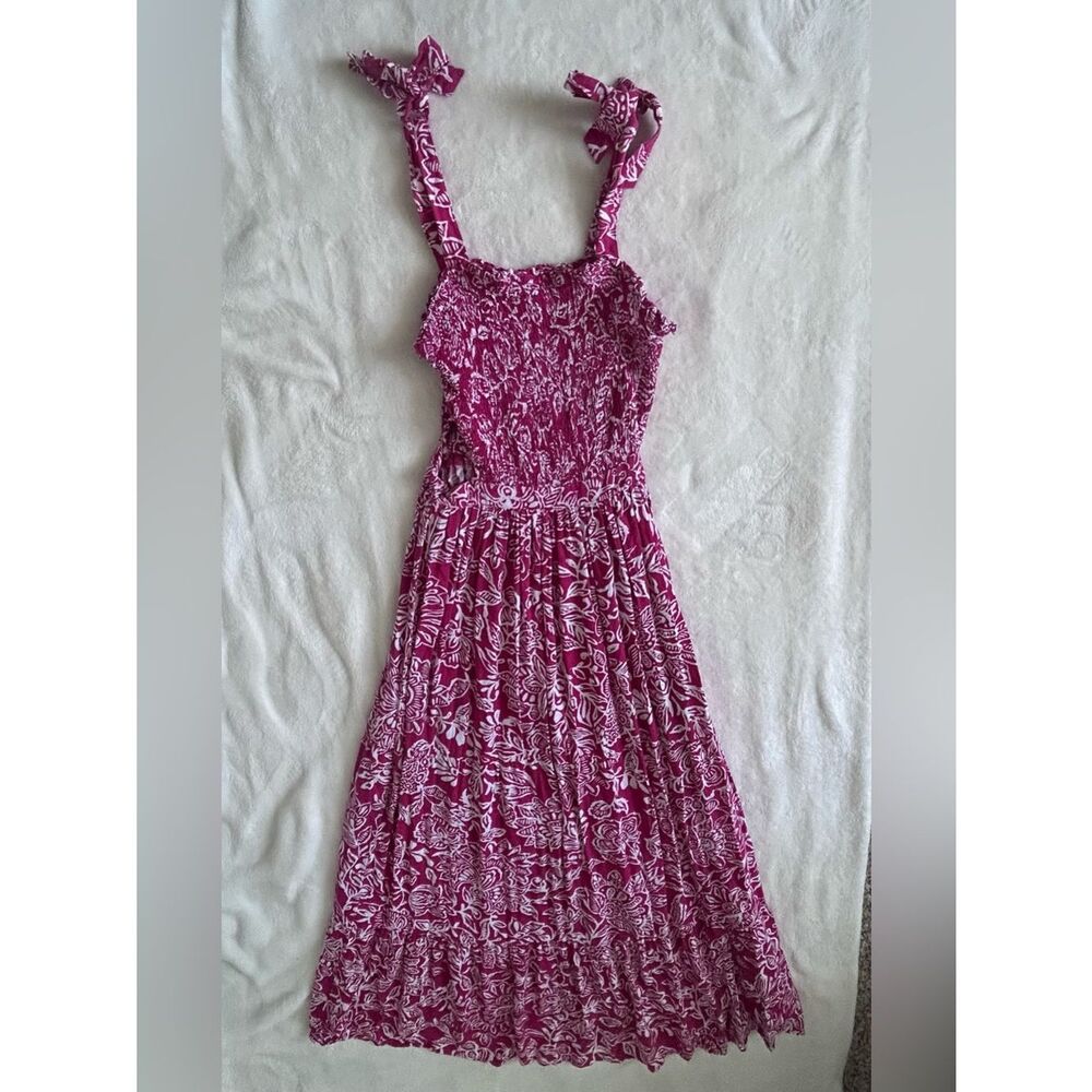 Vibrant Pink Floral Tie-Shoulder Boho Tropical Maxi Dress Side Cut Outs Rayon - Picture 2 of 12